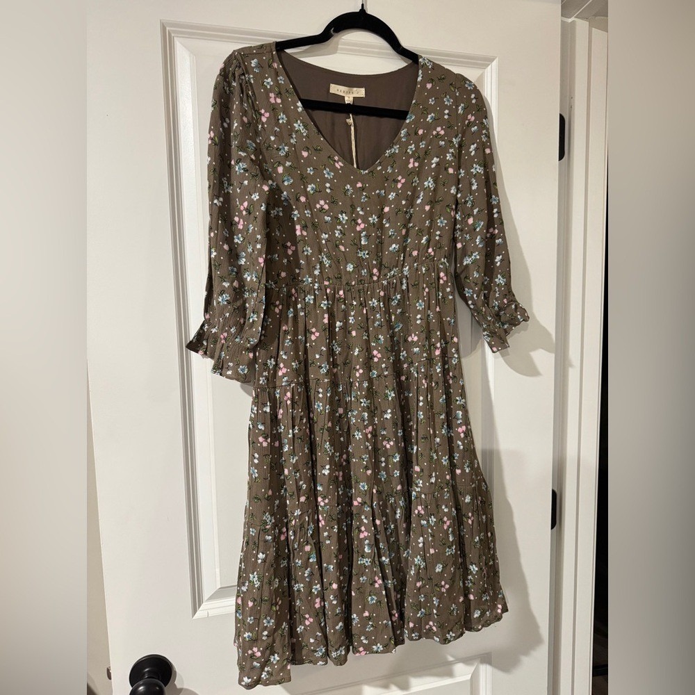 Floral Tiered Dress Brown Cottagecore‎ Romantic Midi 3/4 Sleeve Size Small - Picture 8 of 10